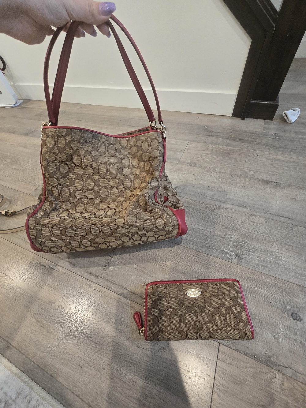Coach Signature Canvas Shoulder Bag with Red Trim and Matching Wallet
